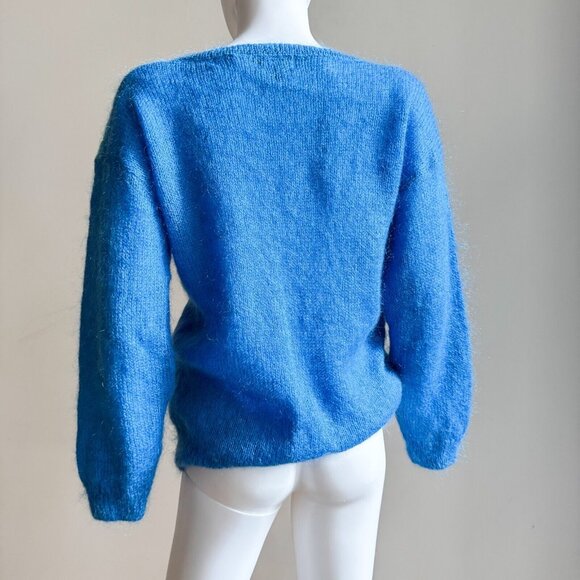 Jeanne Pierre Vintage wool Angora Wool Blue Geometric Prit Loe V Neck Sweater M - Picture 4 of 6